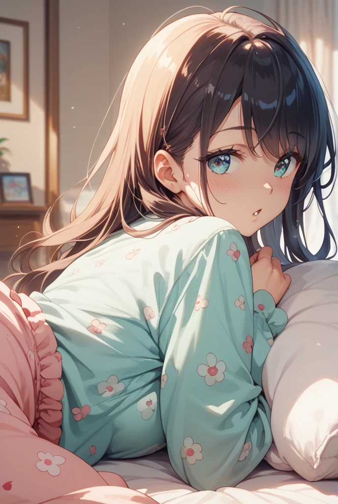 4K photo of a 6 year old girl with brown hair, light blue hair, wearing pajamas, lying on the bed with fun, smiling.
