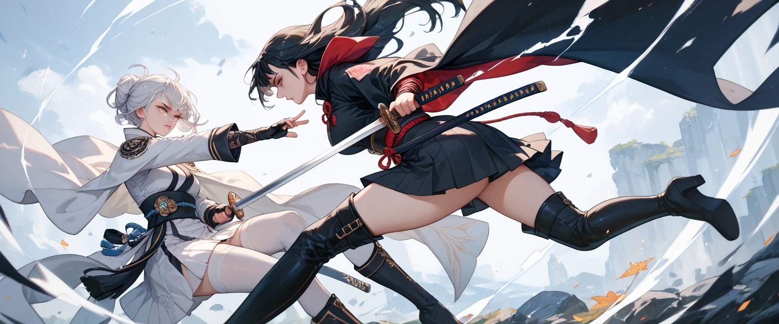Full body shot of fighting between two female sword warrior, 1 versus 1. They are fighting in a fierce duel sword match, with serious expression. They have long loose hairstyle, small thighs and slender legs. They are wearing different color of sleeveless sword maiden armor, with black thin long elbow gloves, and obi tied on their back hip, and short pleated skirt. Both of them are wearing black thigh highs and black shoes. Background set in a lush forest.
