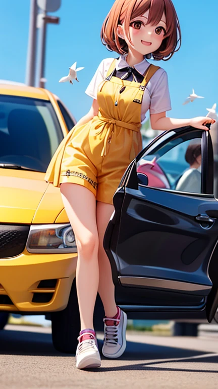 Full body, masterpiece, photo realistic, arafed beautyful lady in yellow jacket standing on street corner, pony tail, crop top, cleavage, high-waist mini shorts cargo, cameltoe, cyberpunk city, standing tall, busty, in a city street, Shifted Bangs Japanese Haircut, wearing urban techwear, realistic depiction, standing in a city center, an ultra realistic, promo image, techwear look and clothes, in city street, hyper-realistic, hyper - realistic, wojtek fus, hyper realistic style, small waist