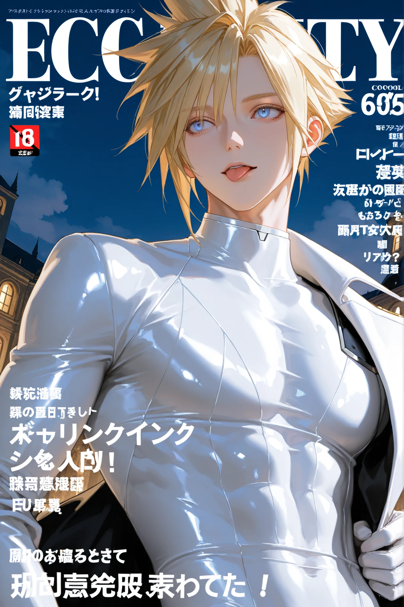 cloud_strife, :p,Mature male, handsome,white futuristic skin tight body suit, futuristic,toned body color difference,white gloves,Sharp Eyes, long lashes, 19th century English building background, night sky, 1 male, Perfect eyes, impressionist painting style, realistic skin, semi-realism detail, high detail, realistic hair, realistic details, 8k, beautiful masterpiece, detailed eyes, Dutch angle, clear eye whites, ultra detailed irises, reflective catchlight, glossy finish, upper body shot, upper body shot
contrapposto, fine fabric emphasis, wall paper, crowds, fashion, in public, Magazine cover, (title), (Magazine cover-style illustration of a cool man), posing in front of a colorful and dynamic background. (The text on the cover should be bold and attention-grabbing, with the title of the magazine and a catchy headline),
