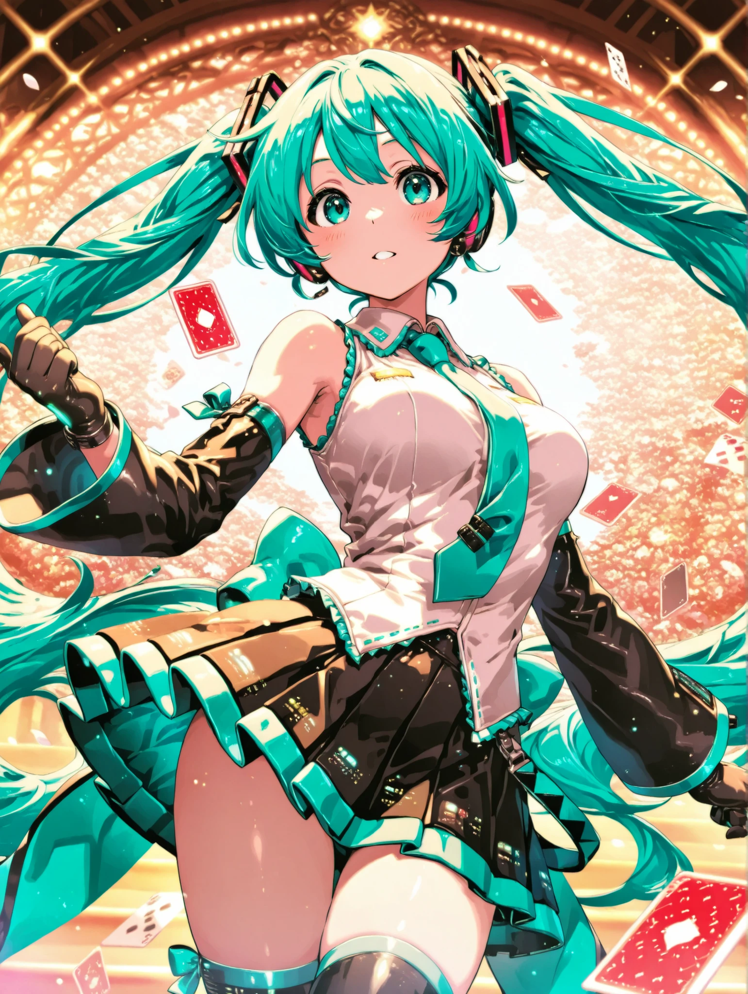 (masterpiece、Highest Quality、Highest Quality、official art、beautiful beautiful:1.2),Hatsune Miku、beautiful breasts、light green twin tails、2-deck cards with different designs depicting girls、Express light and darkness、idol and thief、express white and black