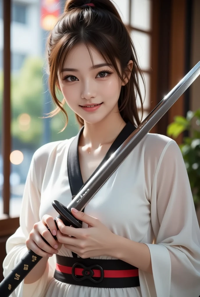 ((Female ninja))、(top-quality、8K、32K、masterpiece、超A high resolution、nffsw:1.3)、(Japan idol:1.3)、2 girl in、(Colossal tits:1.3)、(short-hair)、oily skin, perfect curvy body、Sharp eyes, Delicate facial features, Ultra-realistic, Hyper-realistic, (((seductive eyes expression))),((Wear a loose tang with a high degree of exposure, smooth nipple)), hyperdetailed face、sexy lips、double eyelid, seductive, (charming)、holding a katana、shrine background、((heavy breasts: 1.2)), quarter profile posing, J-cup breast, heavy blush cheek, tattoo arm, dark background, open leg pose