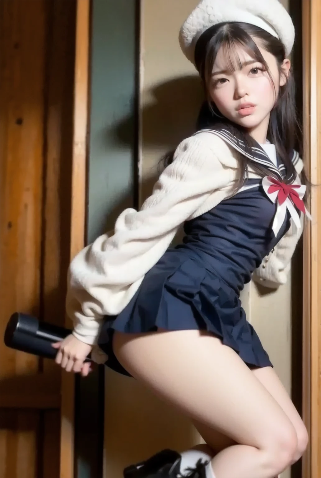 ((highest quality、8k、masterpiece:1.3)),((((fullbody shot)))),Ultra-high resolution,big eyes,Japanese,bangs,(a girl),(1 girl),((20 years old)),((facing at viewer)),(long hair),(((black sailor uniform))),grin,((sitting on chair)),(pleated mini skirt),(((pussy))),(((open legs))),((skirt lift)),((short crew socks))