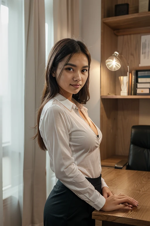 She has a very square and very chubby face, Looking at viewer, jewelry, Reality, Sexy, Short skirt outfit, office background, free pose