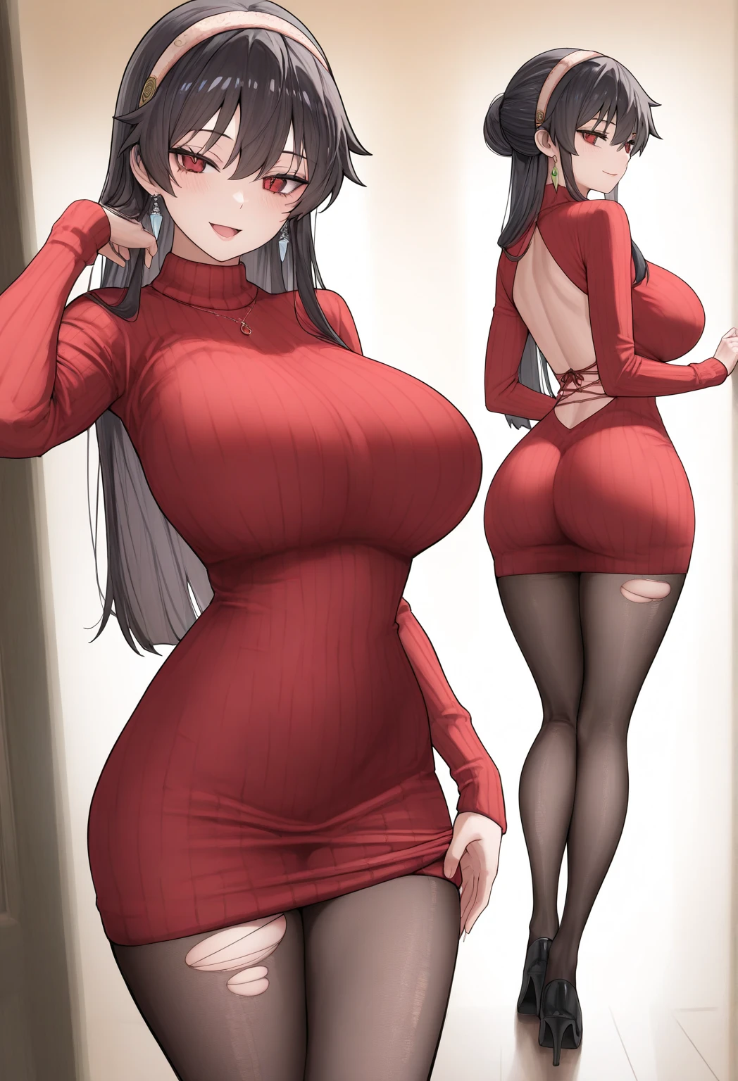 brown hair、Shoulder-length hair、blue eyes、red glasses,purple underwear、OL,Tight skirt suit ,Are standing,panties are visible,shy,Crossed legs,sexy pose,red high heels,Put your hands inside your underwear,stick out your butt,Proudly,