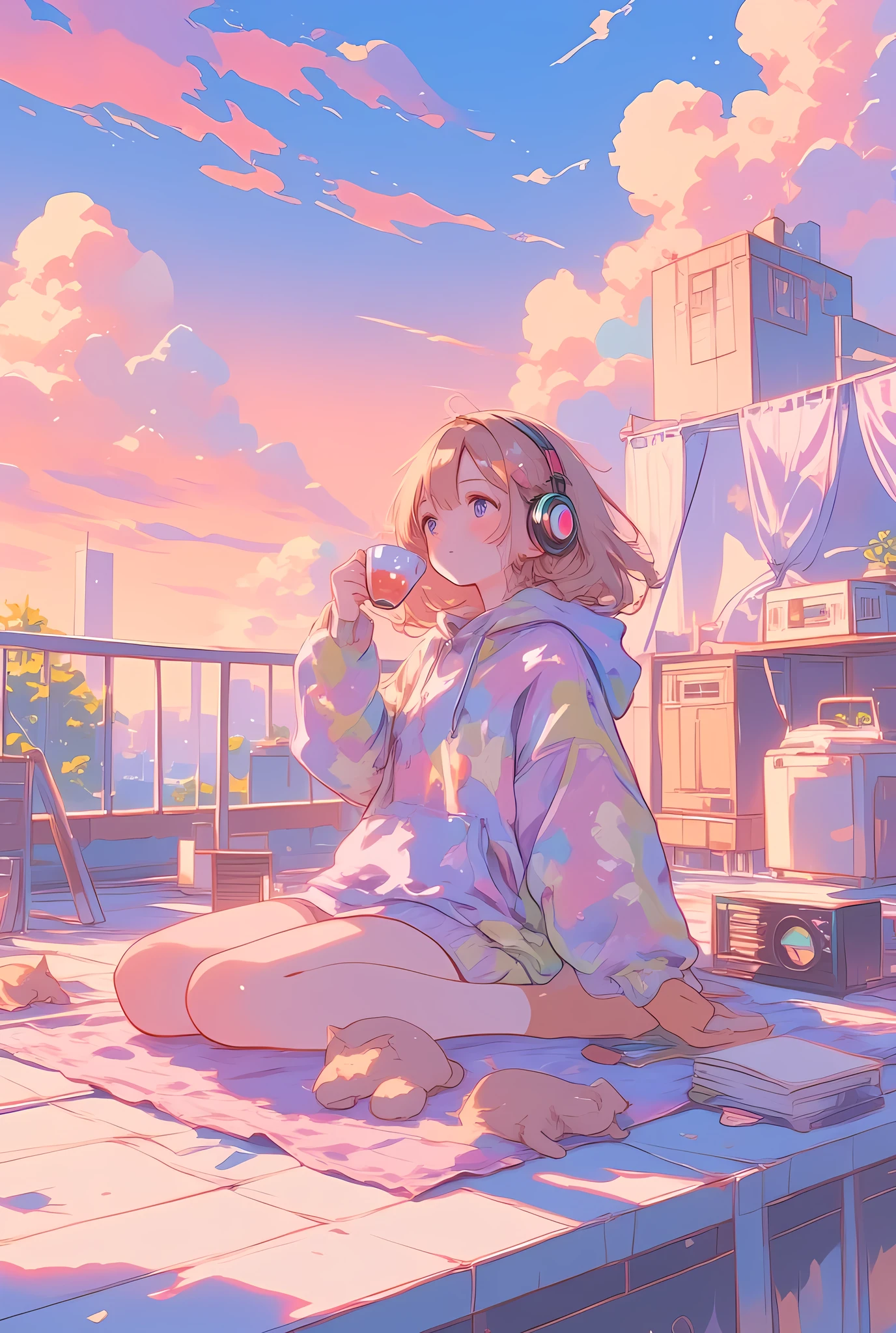 A cozy anime scene of a girl relaxing on the rooftop of a tall building during a calm pastel sunset. She’s sitting on a soft blanket, sipping tea from a cute cup, wearing an oversized pastel hoodie and comfy socks. Her hair flows gently in the breeze as she gazes at the colorful clouds drifting across the sky. Around her are small cozy items — a book, headphones, a sleeping cat, and a little radio playing lofi music. The warm pastel tones of pink, lavender, and peach paint the scene with a dreamy, peaceful atmosphere. Soft wind moves the curtains of a rooftop tent gently. Anime cozy style, pastel colors, lofi chill vibe, tranquil and heartwarming.