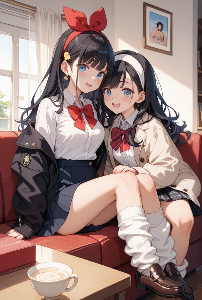 (1) Two sisters are sitting with their knees together on the sofa in the living room. My sister is pink from the gap between her skirt and thighs、My sister can see her light blue panties.
(2) My sister is a 17 year old high school student., Wearing a miniskirt uniform and socks.
(3) The older sister is a 23-year-old office lady.、She is wearing a turtleneck knit, a plaid skirt, and black socks.。.
(4) My younger sister has semi-long black hair..
(5) My sister has long brown hair.
(6) The two women have mischievous smiles on their faces..
(7) Both women&#39;s breasts are not that big..
(8) The location is the sofa in the living room of the apartment..