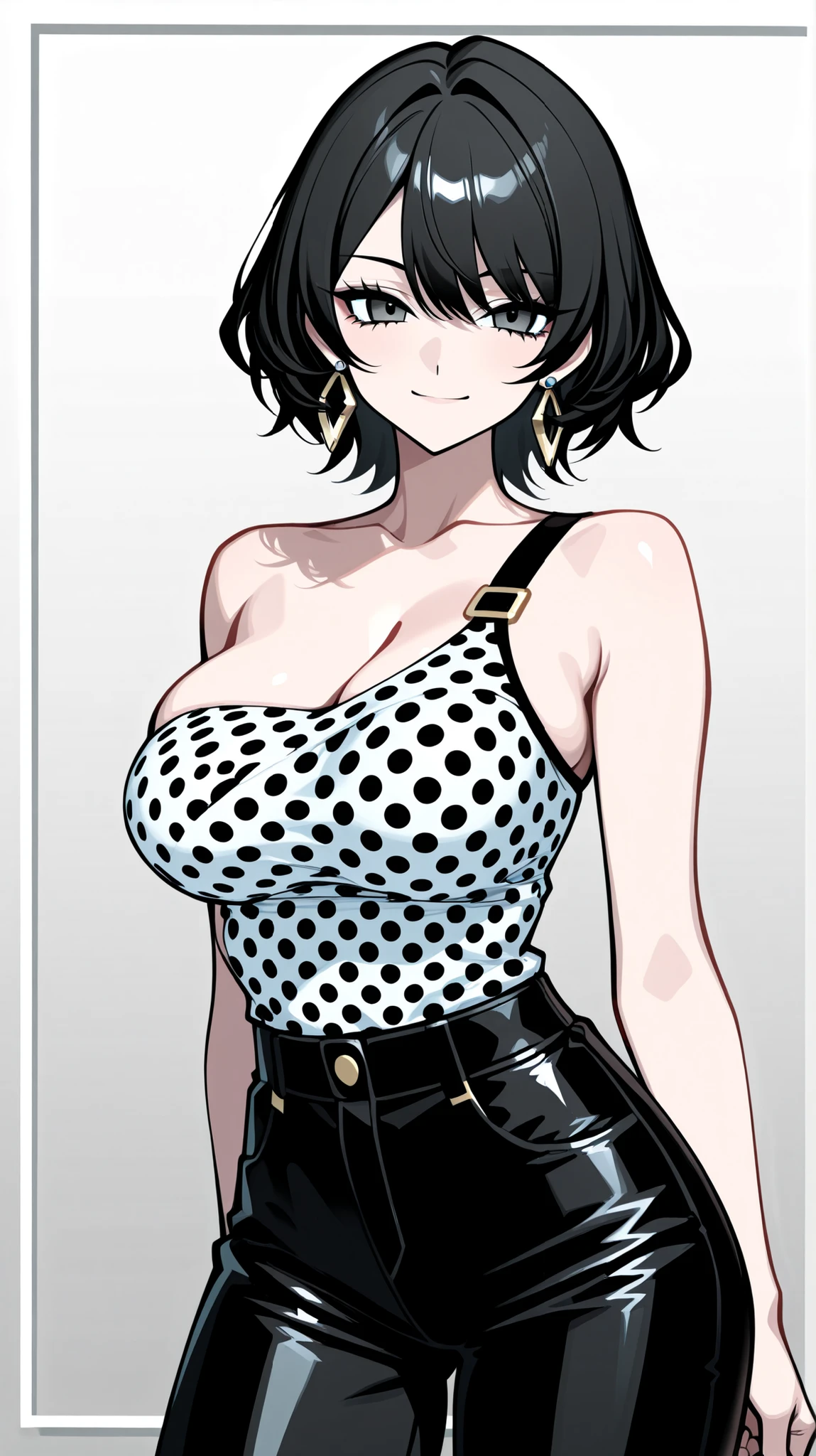 "(Playfully charming) Sexy woman wearing a black and white polka dot top with a single strap."
