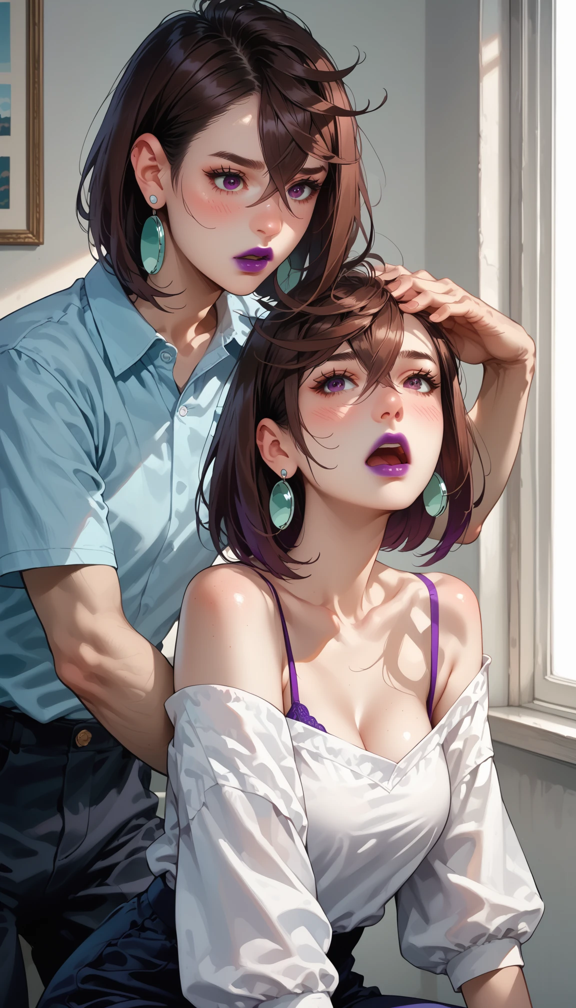 (masutepiece, Best Quality), extra detailed face, Eyes with beautiful details, of the highest quality, brunette hair, Beautiful face, one man one girl, nipple