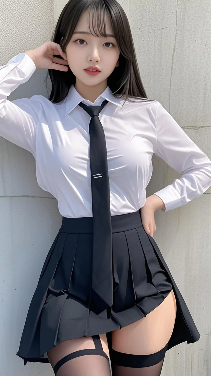((realistic lighting, highest quality, 8k, masterpiece, medium shot: 1.3)), clear focus: 1.2, 1 girl, perfect figure: 1.4, plump bust,((long black hair)),((With bangs)), (white blouse worn by high school girls:1.4),The whole delicate breast leaks out,In a classroom with a blackboard in the background, sitting at school desk,moderately thin calves,exposed thighs,navy blue ankle socks,black loafers,super detailed face, fine eyes, double eyelid,Navy pleated miniskirt worn by high school girls,Taking a selfie with a black smartphone in my left hand,My face is hidden by my smartphone、hold your right foot with your right hand、((((Panties are visible from inside the skirt))))、(white panties)、(Please tilt your head slightly)