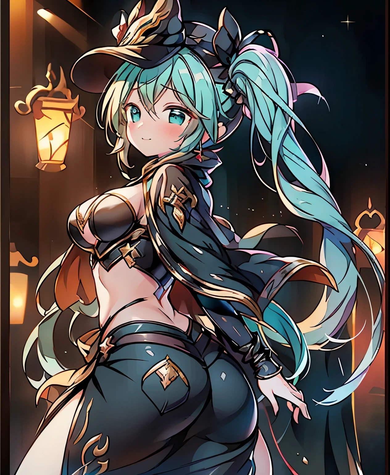 (masterpiece、Highest Quality、Highest Quality、official art、beautiful beautiful:1.creen diagonally2Split、a girl standing back to back、1frames are bright(Hatsune Miku、beautiful breasts、light green twin tails、in the spotlight、idol costume、 songs)、2Frames are at night(a girl wearing a mask、Thief、Black Leotards、Black Silk Hats、black cloak)