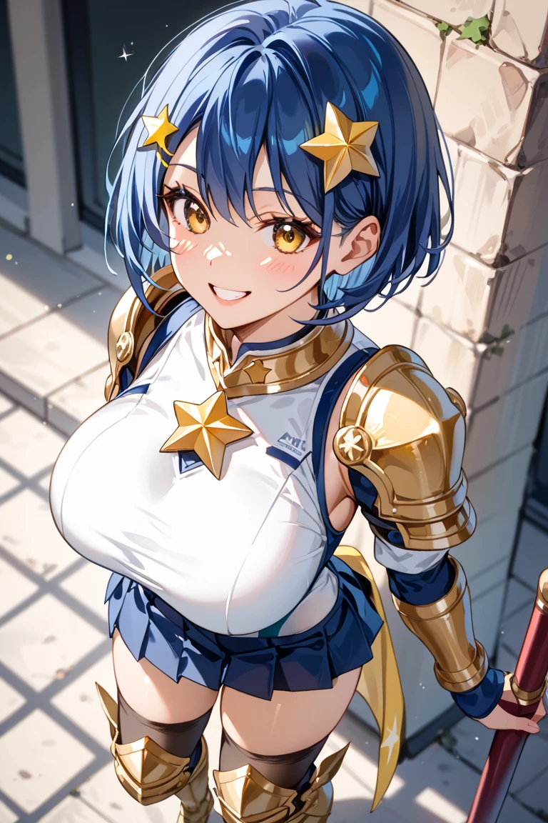 Highest image quality,Outstanding details,Ultra-high resolution,4K image, assembly, best quality, masterpiece, movie lighting ,Sexy,Huge breasts,cleavage,Act fast,In battle,Sweat,light blue short hair,muscle,Dance with spear in hand,Snowflakes are rising all around,golden armor,anger,on the battlefield,Sunlight