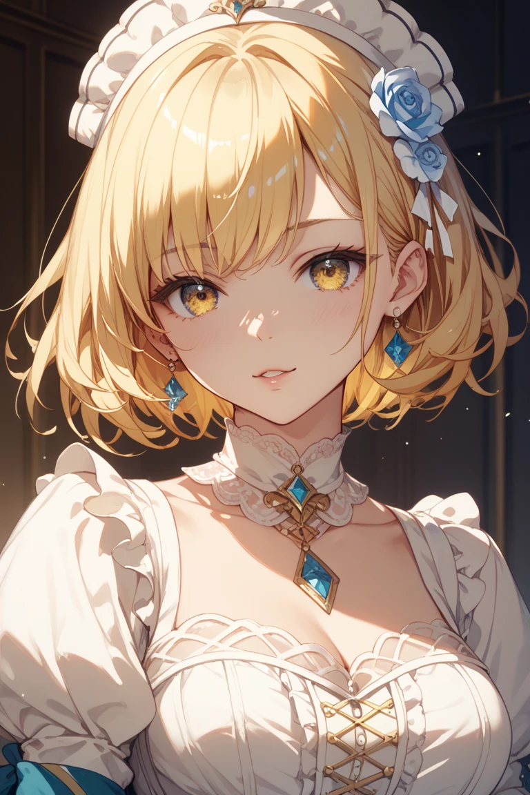 masterpiece, absurdres, best quality, ultra detailed, high Resolution, detailed illustration, bright colour, (extremely beautiful detailed face and eyes, Delicate beautiful face, 1 girl, cute face:1.3), (magenta eyes:1.1), sparkling eyes, big eyes, medium breasts, (perky breasts:1.1), (pointy breasts:1.1), medium hips, glamorous body, white skin, BREAK, long bob cut, (blonde hair:0.8), messy hair, detailed hair, shiny hair, BREAK (fairy, American Sleeve, down blouse:1.3), perfect lighting, (embarrassed:1.3), (ecstasy, vulgarity:1.5), (trembling:0.8), Great Forest, full body,