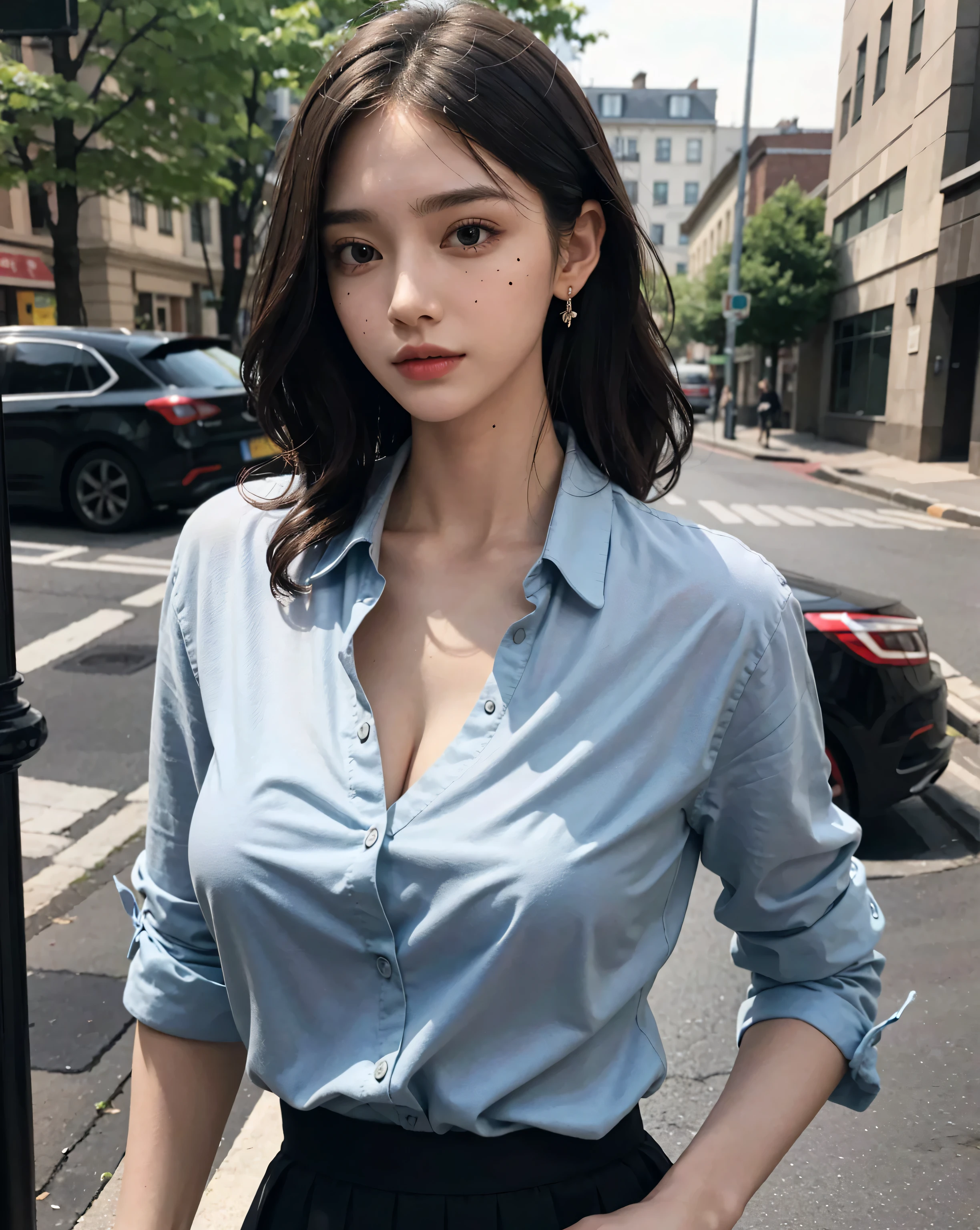 RAW photo, extremely delicate and beautiful, masterpiece, Best Quality, ultra high resolution, 16k, hyperrealistic, ultra-detailed, Very detailed CG 8k wallpaper, Beautiful Lighting, Perfect Lightning, Realistic Shadows, perfect anatomy, super Detailed shiny skin, perfect figure, Japanese woman, late 20s, very Slim body, narrow waist, very small head, handsome detailed woman, very detailed eyes and face, realistic face proportions, Stunning detailed eyes, Realistic beautiful face, very small face, Realistic small beautiful eyes, double eyelids, makeup, tearful mole, mole on chest, earring, (very huge round breasts), (full body shot), (short hair), wavy hair, (school uniform, summer school uniform shirt),