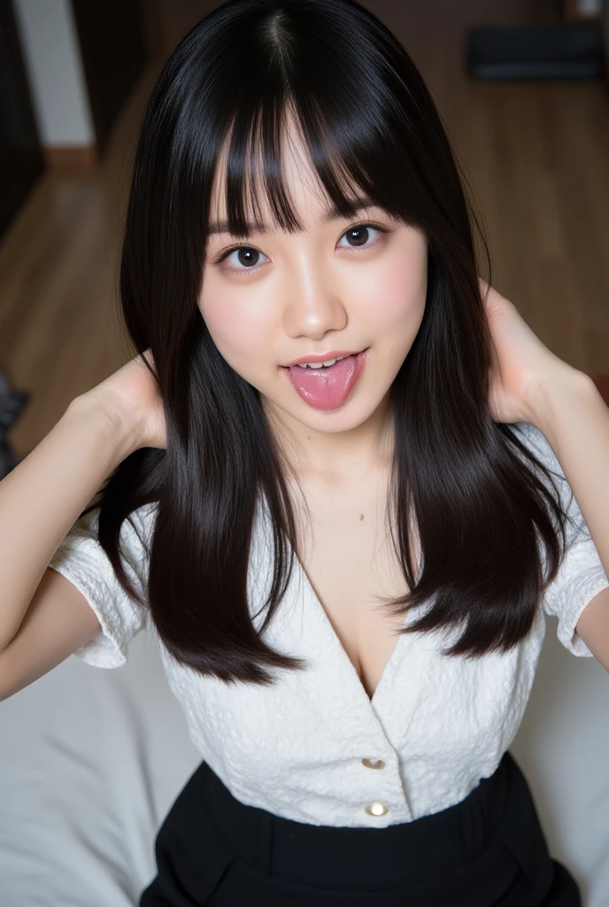 crop top,off-shoulder,Denim mini skirt,open mouth,tongue out,cum on tongue,Sitting on a black sofa,looking ahead,from above,flont view,face focus,open mouth,tongue out,(1girl,Beautiful 16 year old girl),((Slender,Small breasts,Small face,)),looking at viewer,Black Hair,bangs,straight,Beautiful and detailed,Mischievous smile,Dimly lit room,Simple Background,Black background,Low lighting