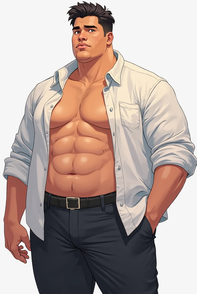 Handsome dutch man, muscular , Alpha male, goatee, calvo, Casual dress white pants and burgundy stripes shirt., pantalón casual,gold jewelry, strong and muscular legs, big bulge, large lump, Masterpiece, ultra realistic, high detail, movie poster, fondo claro , 8k, Clear, dynamic pose, crazy details, hyperrealistic, fondo claro minimalista, detallado, nitidez espectacular , brazos cruzados al pecho de perfil, levantando un brazo