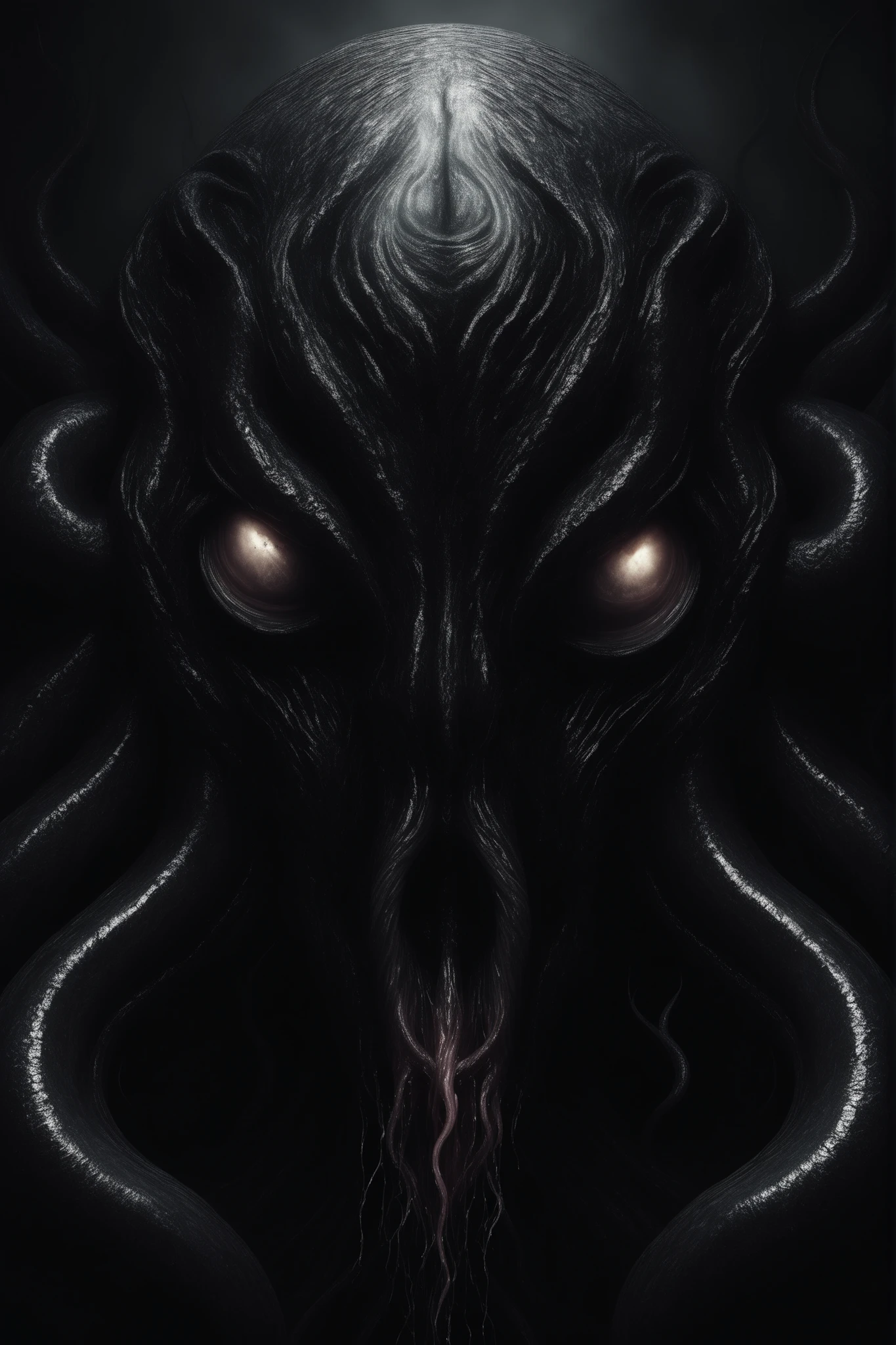 (No humans)、An alien tentacle creature with tentacles branching out from a central body with a single large eye、From above