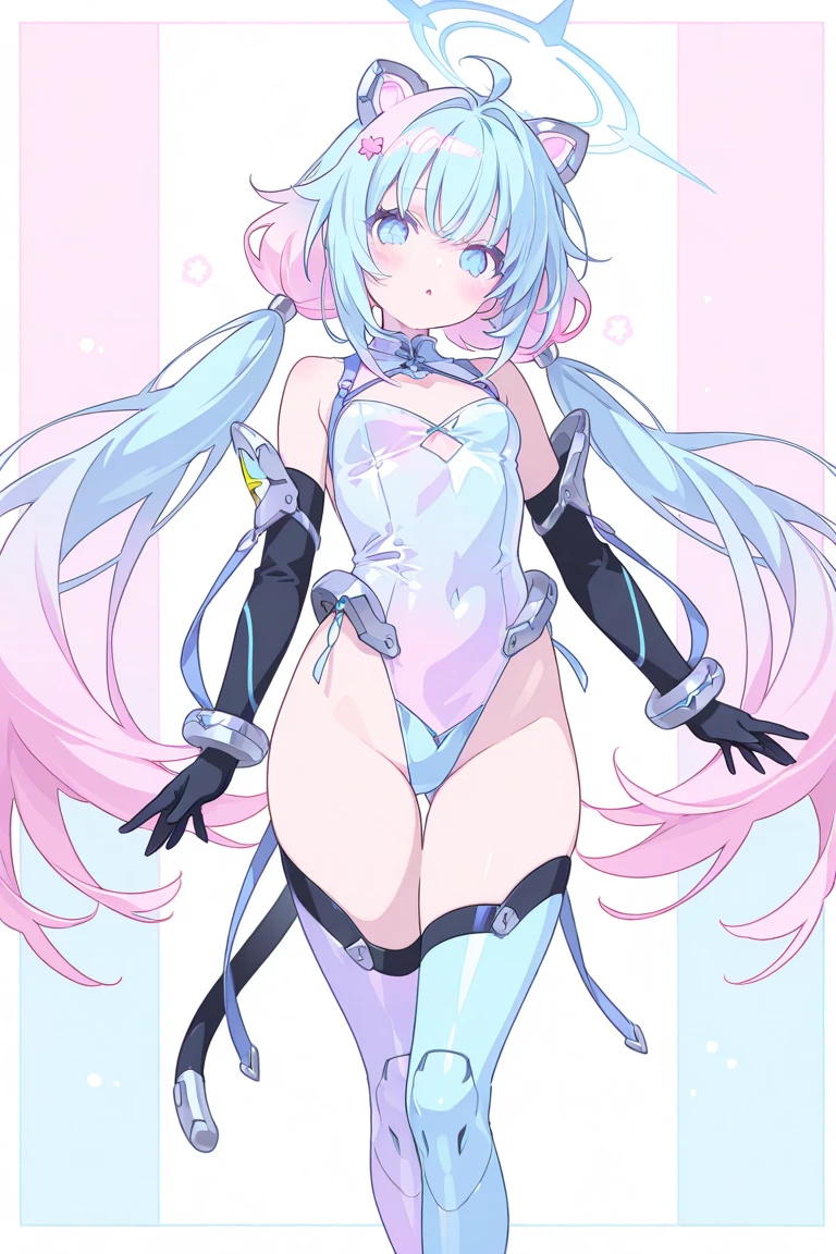 snfw,(highest quality:1.2),1 girl,alone,Are standing_Split, emikukis,(white leotard:1.2)、short hair, pink & blue hair,bangs,interface headset,hair between eyes,pixelated background,neon light,SF color scheme,Bright colors,metallic texture,detailed shading,Holographic interface,dark atmosphere,high contrast,sharp focus,twig of hair,Reflective surface,exquisite details,High resolution,studio lighting,Red accents,Illuminated environment,artificial intelligence assistant、camel toe