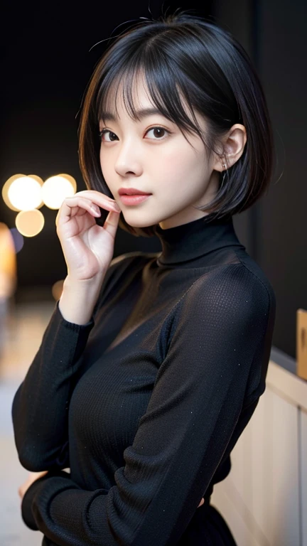 (masterpiece, Highest quality, Highest quality, High resolution, Realistic:1.2), Gray blank background, (Bright lighting, Professional Lighting), One Woman, Realistic Skin, Fine skin, Beautiful Skin, expensive, (Black Hair, Short Bob Cut, middle part), (Eyelash extensions, Fine grain, Iris, Carefully drawn eyes, View your viewers, cute, Grin:1.2), (Lean upper body, Muscular body:1.2), (Thick black turtleneck sweater:1.3), A kind smile, Small teeth visible, Upper Body Shot