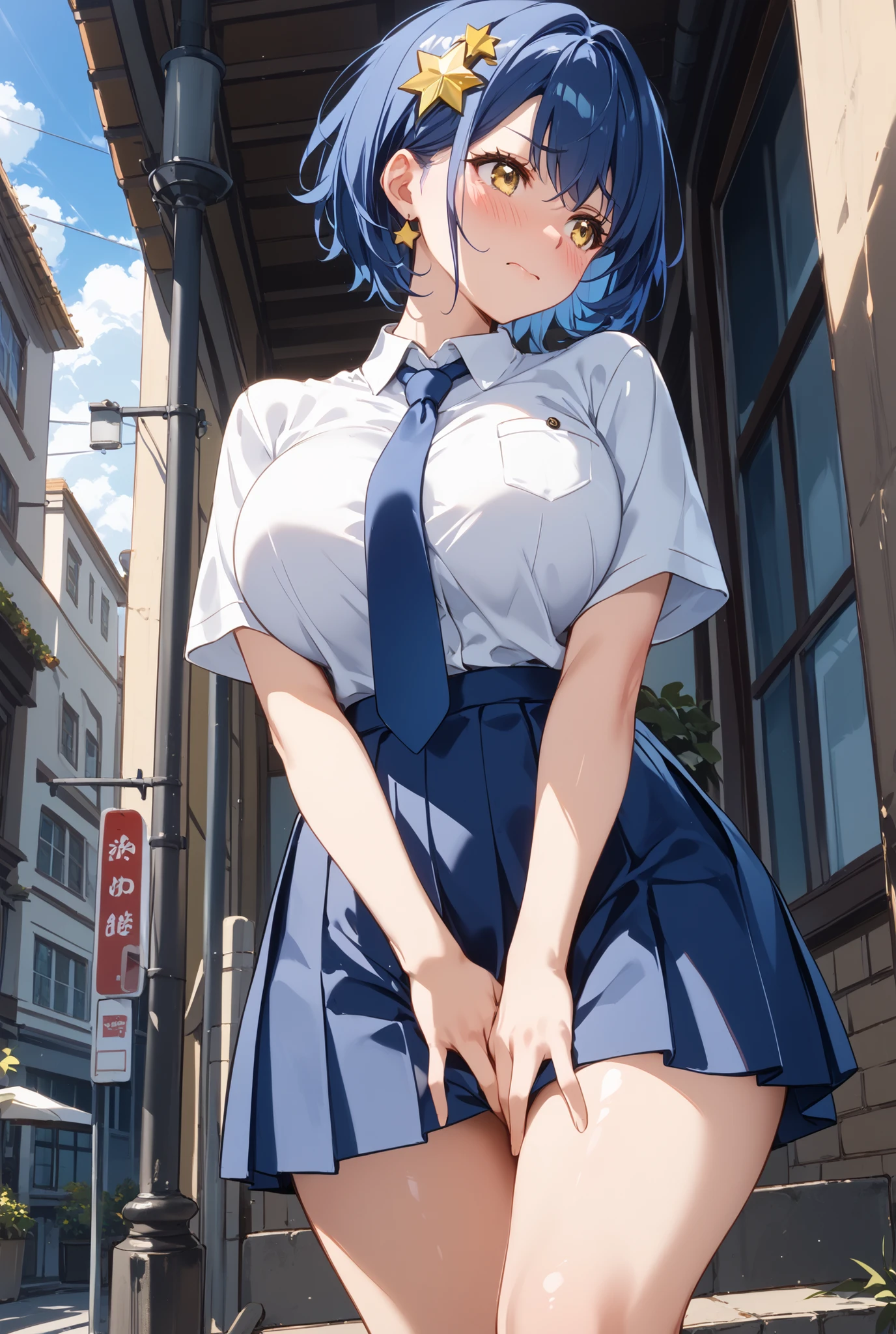 (((1 girl,Taken from slightly below,uniform,classroom,Akane Kurokawa,grab the hem of the skirt,looks embarrassed,close your mouth,blush,anime style))),((on the desk,cross your legs,black sweater vest,blue tie,Condescending)),(black knee socks),I can't see my underwear,look at the camera