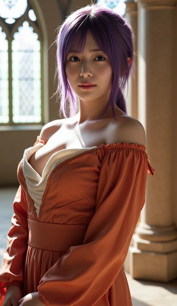 Mirellia_Q_Melromarc, perfect_breasts, purple_hair, purple_eyes, jewelry, earrings, beautiful, beautiful woman, perfect body, perfect breasts, wearing white pajamas, pajamas, sleepwear, in the kitchen, dry kitchen, looking at the viewer, little smile, realism, masterpiece, textured skin, super detail, high detail, high quality, best quality, 1080p, 16k
