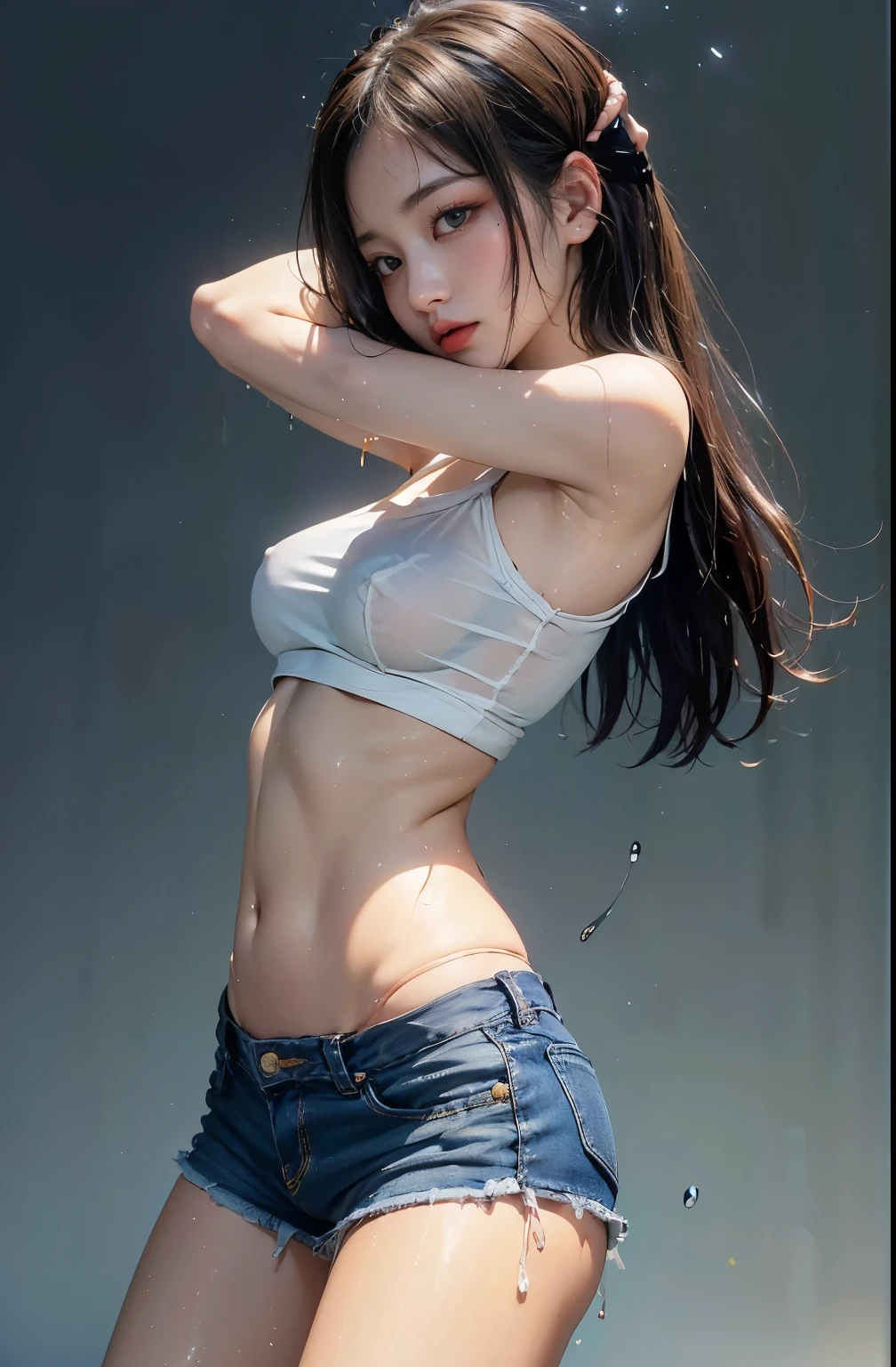 8K, tmasterpiece, RAW photogr, Best quality at best, realisticlying, Extremely detailed CG unified 8K, 8K, diamond, and wallpapers, depth of fields, 电影灯光, lens flare glow, Ray traching, (Extremely beautiful face, beautifullips, pretty eyes), Intricately detailed face, ((Ultra-delicate skin)) 1 girl, Beautiful Korean girl, K-pop idol,1 girl, ultra - detailed, hyper realisitc, Very detailed CG illustration, offcial art, 电影灯光, actual, Young and beautiful girl, perfect body figure, perfect body figure, full pov, perfect bodies, (Starting below:1.3), 的lewd poses,(巨bigger山雀:1.0), long sexy legs, (thigh gap:1.5),Wide hips,Self-confident, Beautiful Sexy, white short sleeve, Open the abdomen, bigger, lightweight denim shorts, S-shaped body, hip is cocked,placed in a,lewd poses,Different Perspectives,looking at viewert, (pale-skinned), (largeeyes),(ssmile:0.8),Turn Back, rear projection,