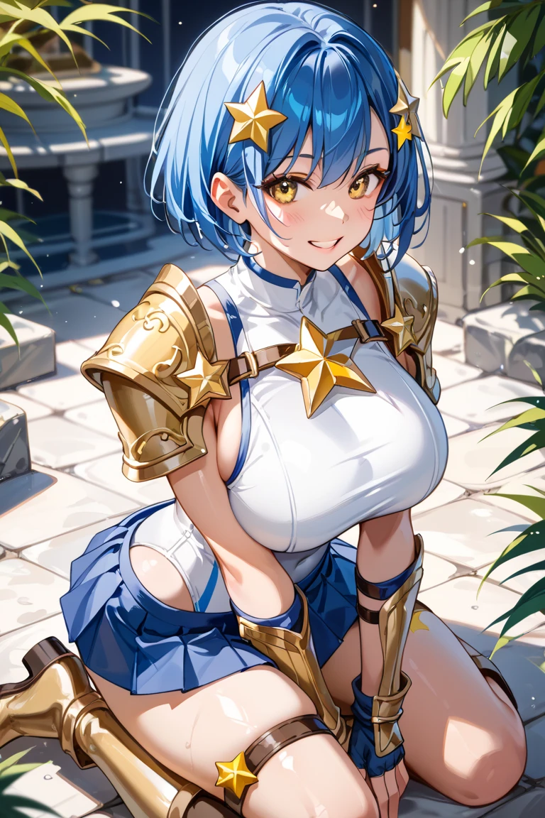 Blue-green hair　girl　Blue Eyes　Short Hair　レッサーパンダstuffed toyCカップ　Warrior uniform　Long sleeve　Cleavage　Breast milk　stuffed toy　Embrace　Braided Hair Arrangement　The background is a starry sky like the universe　Ready your sword