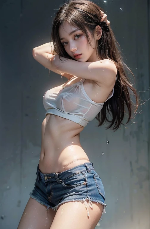 ((Push out your hips:1.5))、((Cuffs tied above the head:1.5)), In a concrete dungeon、Over the toilet、Detained, Thick cables swinging around, Slave, shibari, ((spread legs:1.5)) 、nsfw,((full body:1.5)),(A sensual and erotic 35 year old office lady with a curvaceous body:1.3),(Correct Anatomy:1.2),(Long black hair:1.2),(Accurate and perfect face:1.3),(Long legs:1.3),(muscular legs:1.3),((Small breasts:1.8)),Thin eyebrows、(Lace micro panties:1.3),(((urination :1.5))) ,(Peeing with panties on:1.8),(A large amount of clear liquid accumulates on the floor:1.5)、cameltoe,Hyper HD, Ray Tracing, reflected light, Structurally correct, Award-winning, High Detail, Faded Shadow Contrast, Cinematic lighting, masterpiece, Super Detail, high quality, High Detail, 最high quality, 16K,High Contrast、