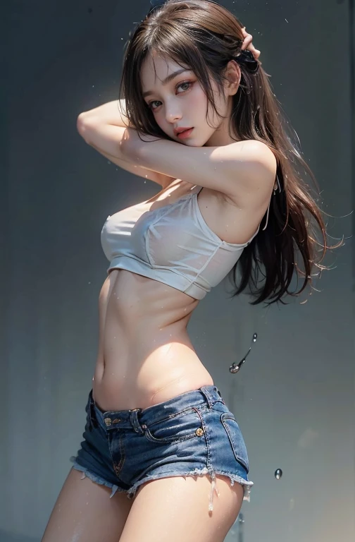 Mujer con un top blanco y pantalones cortos azules posando en la playa, cuerpo perfecto, hermoso cuerpo y cara, pose casual, gran cuerpo, Cuerpo atractivo, brown hair and a perfect body, hermoso cuerpo y rostro detallados, Belleza asombrosa, sexy girl, cuerpo y rostro perfectos, Cuerpo perfecto fotorrealista, Cuerpo liso, Hermosa cara y figura, Pose atractiva