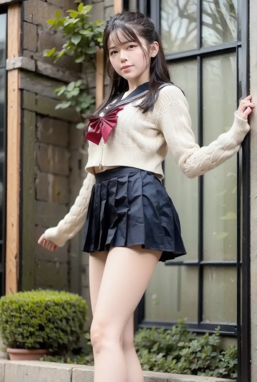 ( highest quality、8k、masterpiece: 1.1 )、( 1people's women : 1 )、( A woman climbing the stairs outside in an urban area with skyscrapers : 1.2 )、( Very high quality deep background )、she has a red sweater、Wearing a white tulip skirt、wearing high heels、Detailed skin texture、smile、fine eyes、double eyelid、beautiful woman with very perfect figure: 1、long slender legs : 1.2、brown hair、hair blowing in the wind、wide angle : 1、full body shot、seductive pose。white lace underwear。(( A pose where she lifts her skirt with her hands and shows her underwear : 1.3 ))、Pose that emphasizes the buttocks。