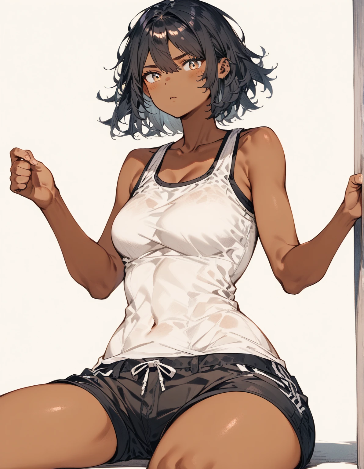 A beautiful girl with black skin, very large breasts, a great figure, wearing sports underwear, short black hair, dull black eyes, and sweating.