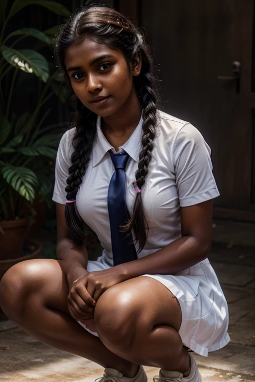 beautiful cute Sri Lankan school girl, wearing short socks and white sneakers, Large breast size , 20 years old, wearing a white frock and a colored tie. She has plaits, black braided long hair, showing hairy hirsute pussy, up skirt, cinematic lighting, glowing, movie filter, moody effect, thick body, beautiful Indian face, tanned skin, dark skin, oily sweaty skin, brown skin, squatting up skirt