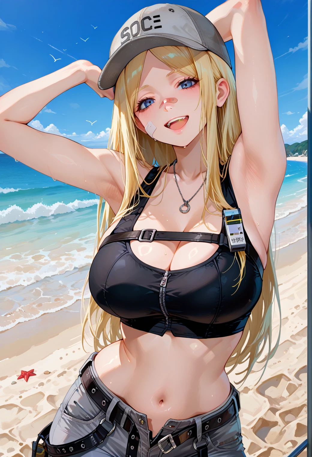 sea, bikini, visor/sunshade, shorts, blonde, dark skin, large breasts, cleavage, sexy