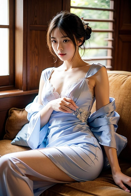 sensual kimono with sheer fabric and delicate floral embroidery, combined with luxurious silk and intricate lace trim, deep V-neckline and off-shoulder design with flowing, kimono-style sleeves, short length with a fitted bodice to emphasize a curvaceous figure,stunning appearance,seductive pose,provocative body language