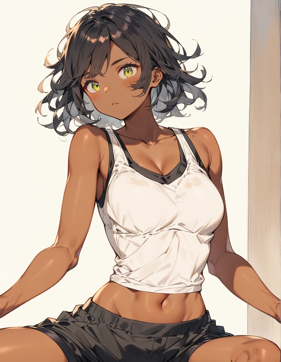 (masterpiece, highest quality, ultra high res, ultra detailed:1.3), 1 cute girl, ideal ratio body proportions, (dark-skinned Asian girl), gyaru, (yellow baggy tank top, green mini skirt:1.2), (white panties, lifting the skirt by self:1.4), cameltoe, shy look, (tank top covered nipples:1.3), in cute room, (dark skin, tanned skin:1.4),