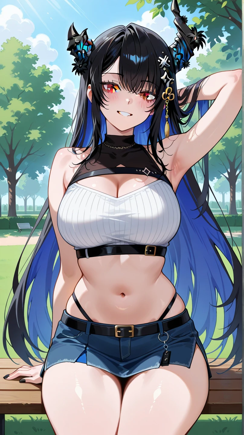 best quality, 1girl, masterpiece ultra detailed, illustration, pa san, green eyes, glossy lips, blush, black long hair, light smile, hime cut black choker, midriff, jeans