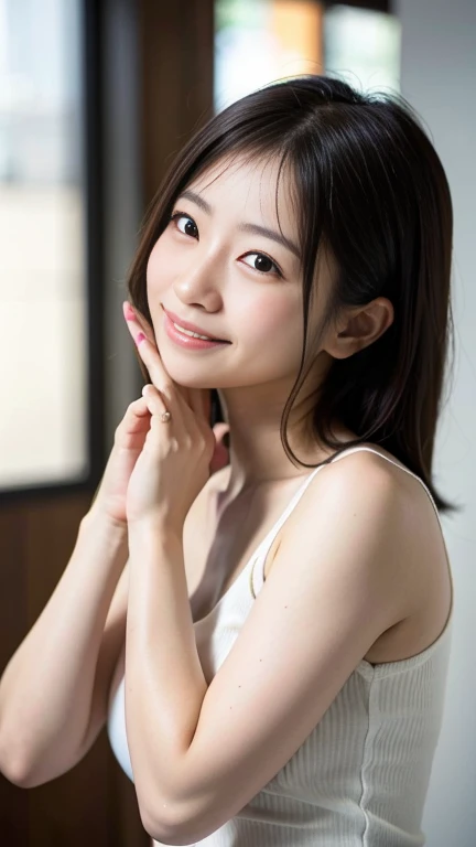 masterpiece,best quality,(Japanese girl),((Beautiful girl)),cleavage,(off shoulder:1.2),(perfect body beauty:1.2),(shy smile),From slightly above