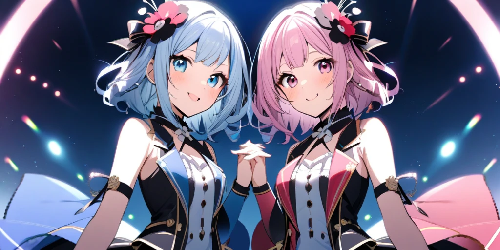 masterpiece, of the highest quality, Highly detailed,The best shading、three sided view、
Beautiful anime face and eyes, cowboy shot, Standing, Good posture, Right hand on hip, The left hand draws a circle、Hold up your little finger、Glowing skin, ear piercings,Shorthair,Side tail、Floating hair、Cool Face、Petite、Circle of Angels、Angel wings、Hanging、
Light blue hair color,Purple inner hair color, Hairpin, (agitation:0.8)、(A big smile:0.9)、red blush,Multicolor eye color、Hanging、normal hands, Colossal tits, Ring-shaped bangle on left hand, Choker,hair pin、
leather jackets、Tube Top Shirt、hotpants、Stockings、Navel、Umbilical piercing、The tattoo、clothes shiny、Ring overhead、
Night, fullmoon, starrysky、Scattered light particles, Blurry background image,