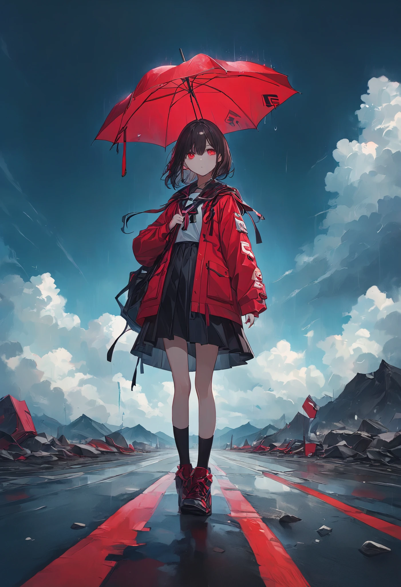 Ruined Landscape。 Gravel Mountain。It rains。A girl in the middle of the road。I'm standing dumbfounded。Eyes are hollow。 the sky dyed red。
