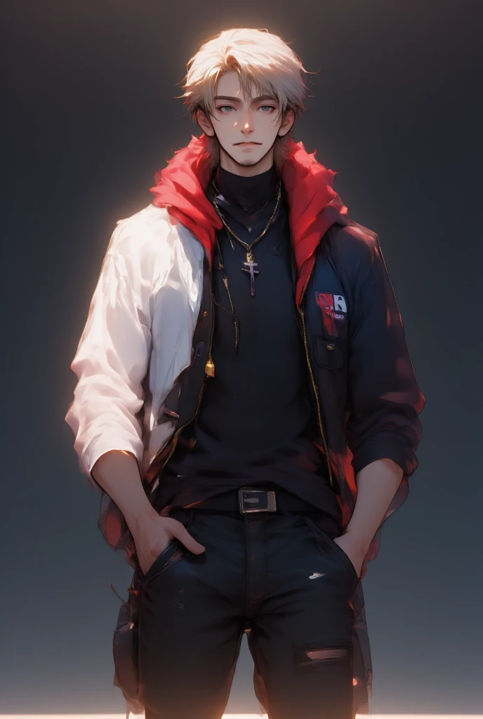 Young man, red hair, chain necklace, black sweatshirt, upper body