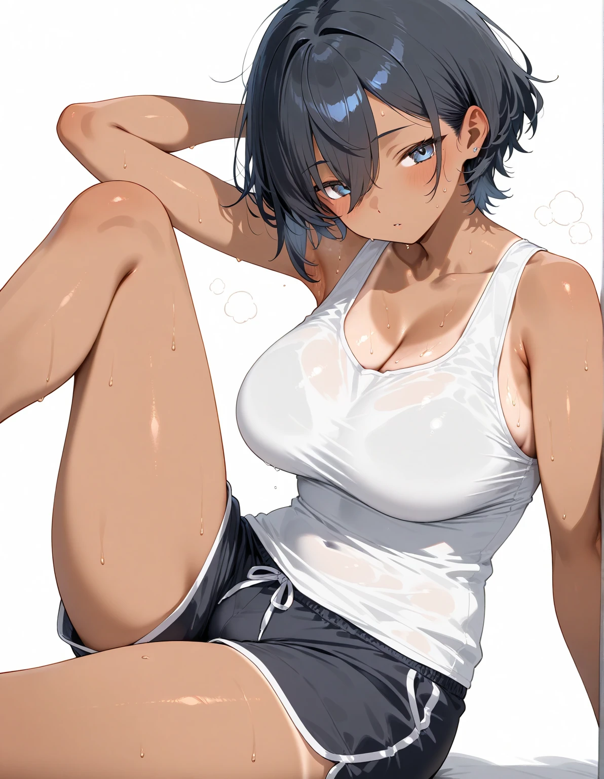 (masterpiece), ((highest quality)), (Super detailed), (perfect body), (((1 girl)), dark blue hair, short hair,ponytail, dark blue eyes, (((Elegant b hroom)), Naked bでh towel, Medium chest, W de er drople, bare shoulders, clavicle, thighs, blush, Wet: 1.1, perfect hands,Rich details, perfect image quality,toned body,muscular,boxer shorts,sports bra