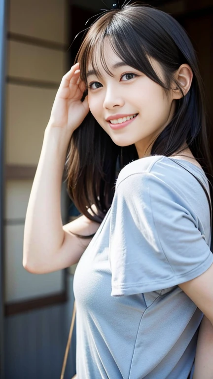 日本のgirl,Beautiful Girlfriend,Beauty,Raw photo,8k,Morning Sun,Gray T-shirt and jeans miniskirt,sleek long hair,Black-haired,Detailed face,Detailed skin,Detailed eyes,(The body is slim:1.3), girl,Around 23 years old,smile,
