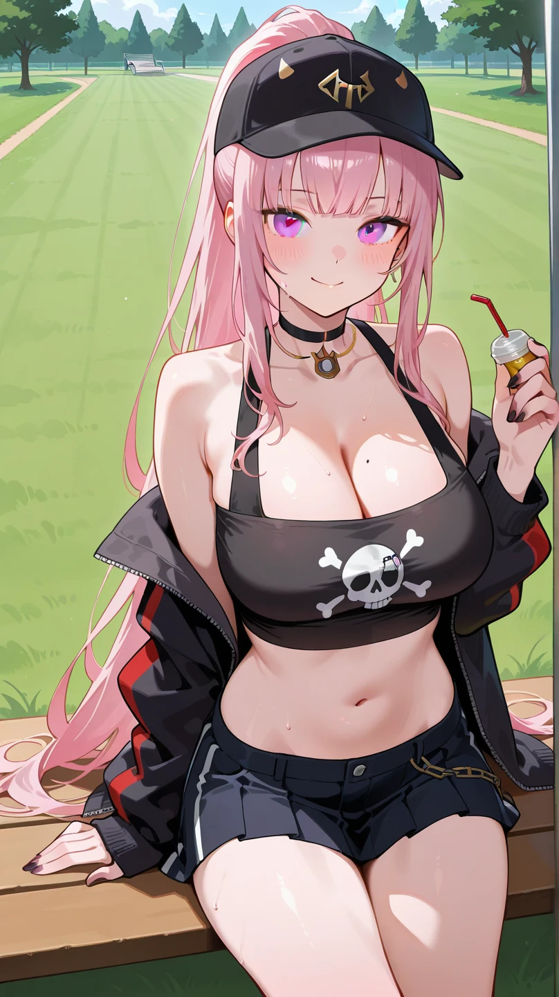 score_9, score_8_up, score_7_up, score_6_up, score_5_up, score_4_up, scenery, 1girl, long hair, breasts, looking at viewer, blush, open mouth, bangs, large breasts, red eyes, 1boy, hat, cleavage, jewelry, jacket, ponytail, pink hair, hetero, heart, sidelocks, penis, teeth, solo focus, tongue, virtual youtuber, dark skin, tongue out, pink eyes, necklace, official alternate costume, black headwear, saliva, uncensored, upper teeth only, erection, testicles, dark-skinned male, breath, baseball cap, red jacket, spoken heart, veins, interracial, veiny penis, large penis, huge penis, skull print, mori calliope, blue sky<lora:EMS-344951-EMS:1.000000>