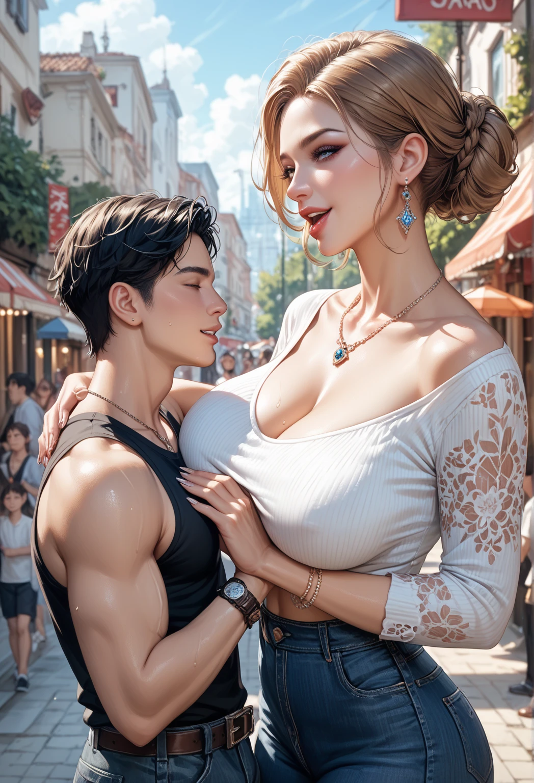 a woman round neck blouse and saree,big cheeks, swooping breasts, deep cleavage, angle face, round face,fair skin,open arms, sexy armpits,big penis, nipples, ass, necklace, ,(cinematic:1.3),araffe couple embracing in a field of tall grass, couple pose, lovely couple, couples portrait, jovana rikalo, couple portrait, man and woman, shot at golden hour, man and woman in love, sitting on one knee on the grass, romantic couple, in a field, in a grassy field, by Emma Andijewska