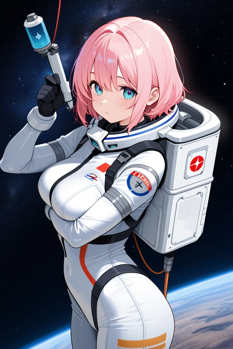 8K, 1girl in,spaceships,body suit, natta,intergalactic, spaces, huge-breasted, Having a laptop, Look at viewers, , solofocus, cowboy  shot, (​masterpiece:1.4),(top-quality:1.4),(Glossy肌),Steamed body,Glossy