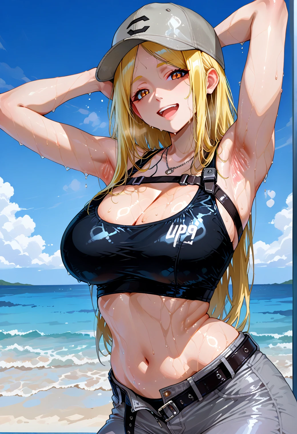 (highest quality, High resolution, perfect pixel, Depth of bounds written, 4K), (from front), beach, detailed eyes, (1 lady), tall, (skinny body:1.2) , (thin thighs:1.2), (Narrow hips:1.2), large breasts, blond hair, (ponytail:1.2), (yellow Short pants bikini:1.2), (unbutton:1.3), (cross halter bikini), (rio cut pants), (panty strap:1.3), (denim short panty pull), (wariza), (breast hold), (clear face), sweat, 