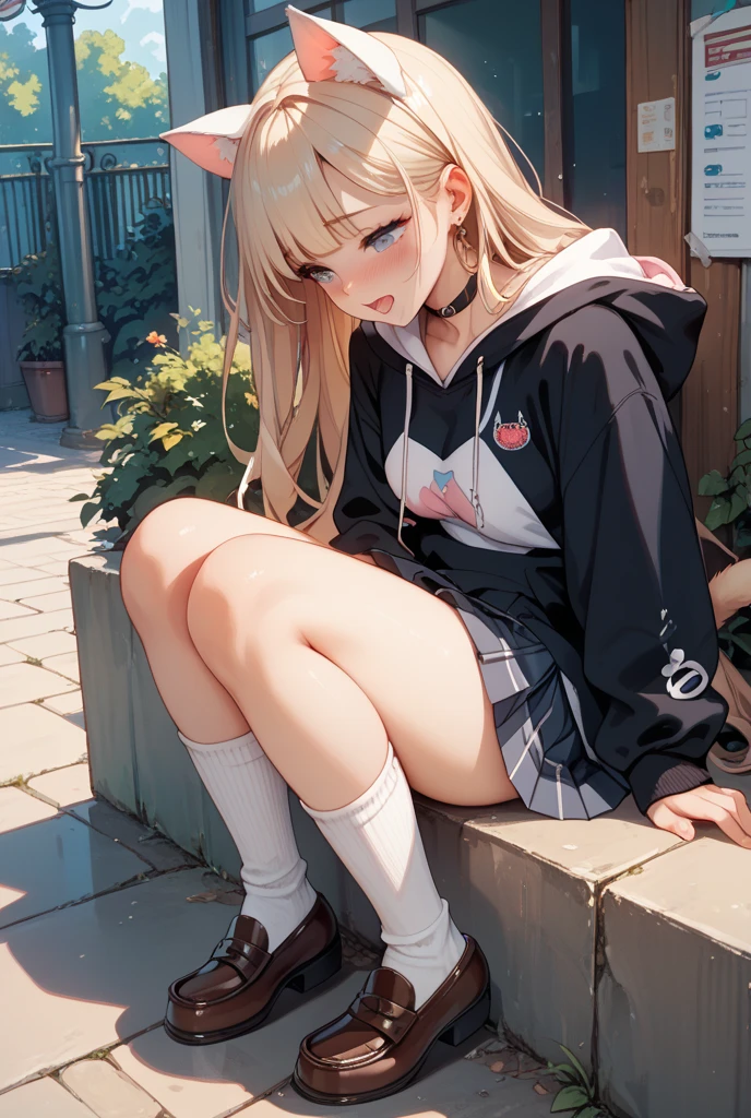 (1) A woman is sitting cross-legged on a bench. her visible panties are black lace.
(2) She's a gal, -faced but with heavy makeup. she has long blonde hair.
(3) The woman is wearing a brightly colored hoodie, Mini skirt and platform long boots.
(4) The woman's expression is a smile.
(5) The location is a park bench at night surrounded by a forest..