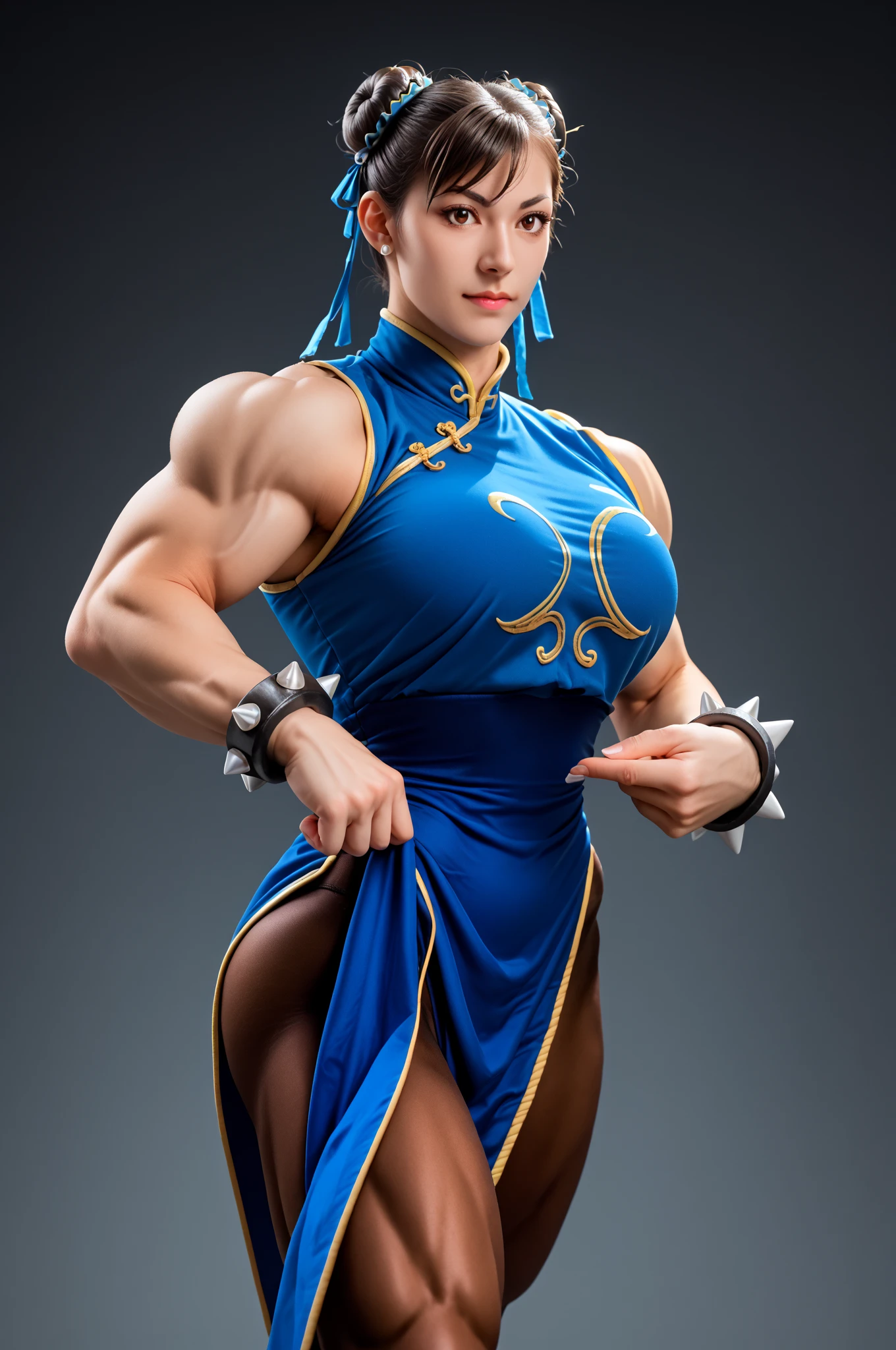 Chun Li, classic dress, super strong muscular legs, muscles bursting in strength, hyper muscular strong legs