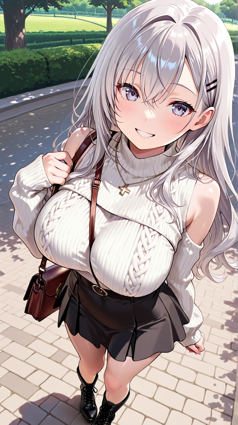 ((masterpiece)),(best quality),(ultra detailed),(highes), (insanely detailed),
Highest image quality、super detailed、8K、high quality image quality、 anime image quality、soft lighting、vibrant colors、Glossy skin、detailed skin texture、silver hair long hair、Shoe Details 、
Walking in the park、white knit、black knee-length skirt、black short boots、frontal composition、Smiling、((The shoulder bag string is sandwiched between the chest on the knit))、