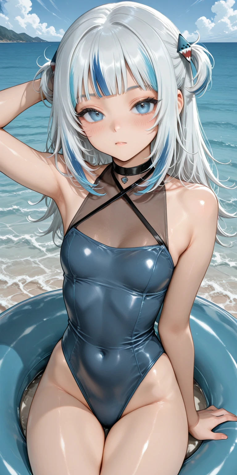 Overlooking the sea, 1 girl full body, elf, silver hair, red eyes, bob cut, braid, swimsuit, one piece swimsuit, seaside city, putting both hands on their face, embarrassed, blush, concept art, beautiful anime scene, beautiful anime landscape, top rating on pixiv, best quality, 4K